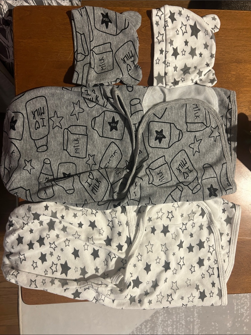 Unbranded Kids Gray & White Star and Milk Print swaddle with hats 2 pack